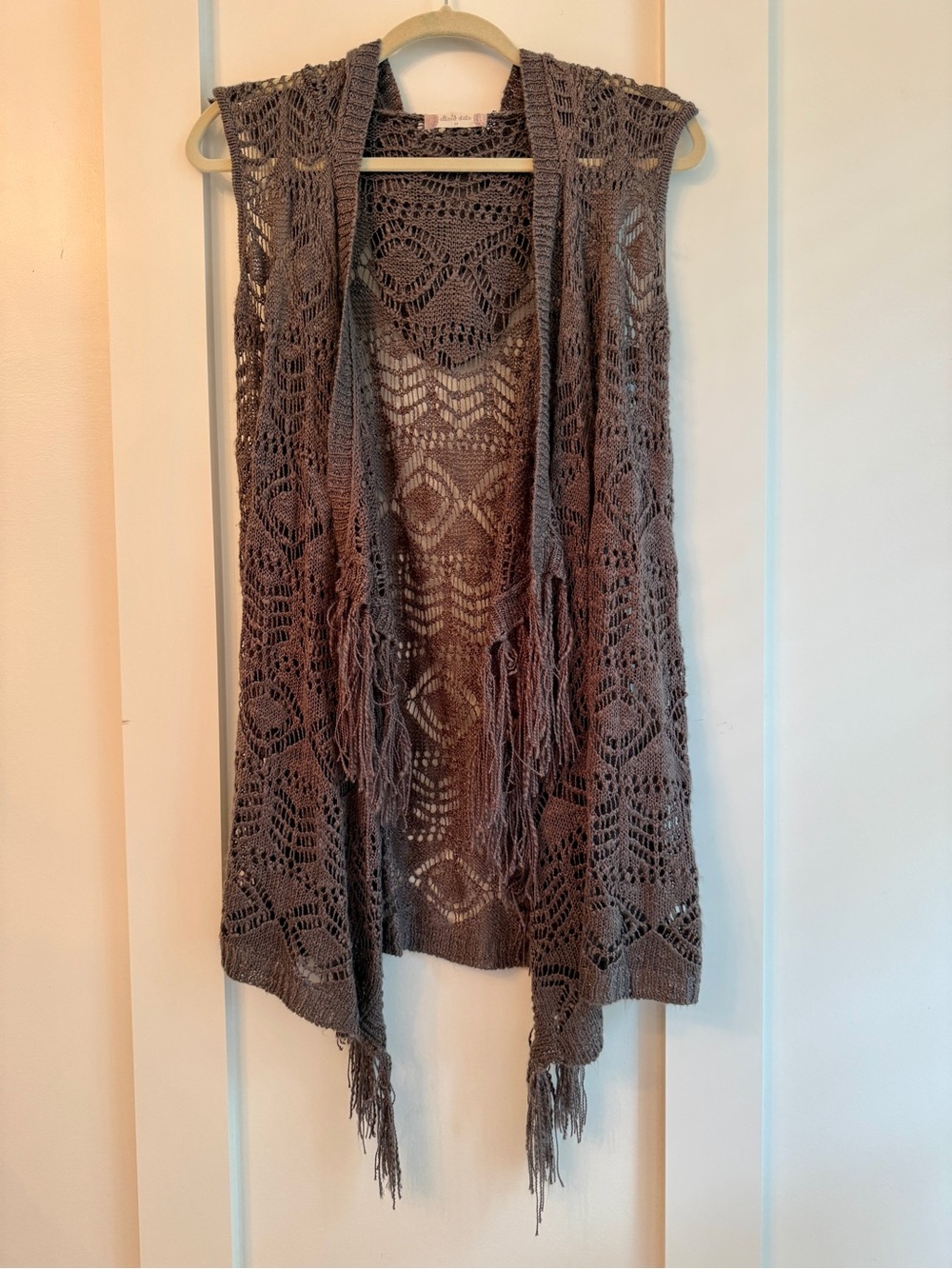 Altar’d State Crochet Fringe Open Front Vest with hood